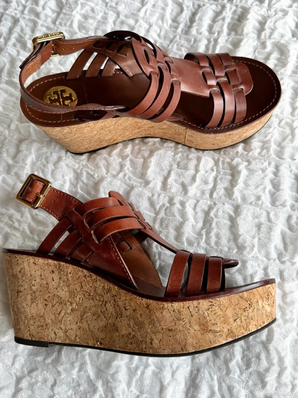 Tory Burch Leather Ace Cork Wedge Sandal Size 8
